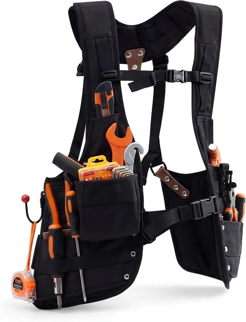 1 Pack Tool Vest with Leather, 33 Pockets with Removable Nail Pouch and Drill Holster Bag Heavy Duty Tools Belt Fully Adjustable for Men Women Electrician Construction Carpenters