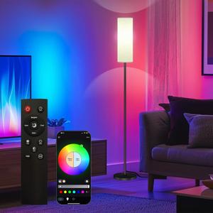 Smart LED Floor Lamp with APP Control & RGB Colors - Dimmable Standing Lamp for Living Room, Bedroom, Gaming - Remote, Timer, 9W Bulb Included, 67" Modern Tall Lamp (black pole + white shade)