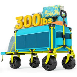 49 Inch Extra Long Beach Wagon with Big Wheels for Sand, Collapsible Utility Beach Cart Heavy Duty Folding Wagon,Ideal for Outdoor Sand Camping Garden Pet (Green-yellow)