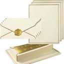 Topeen 50 Pack Stationery Set with Gold Border, #10 Business Envelopes and 8.5x11 Paper Sheets and Stickers for Writing Letters (Cream Color, 8.5x11 Inches)