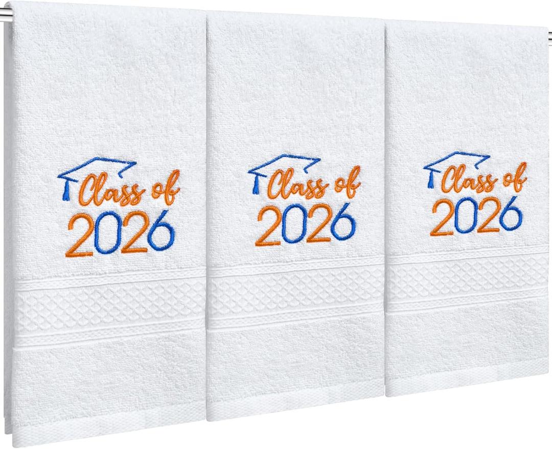 MASHAN Class of 2026 Graduation Hand Towels 3 Pack,100% Cotton Soft Absorbent Bathroom Towels,Senior 2026 Graduation Gift for Girls Boys,Blue Orange Decorative Towels 14x30 Inch