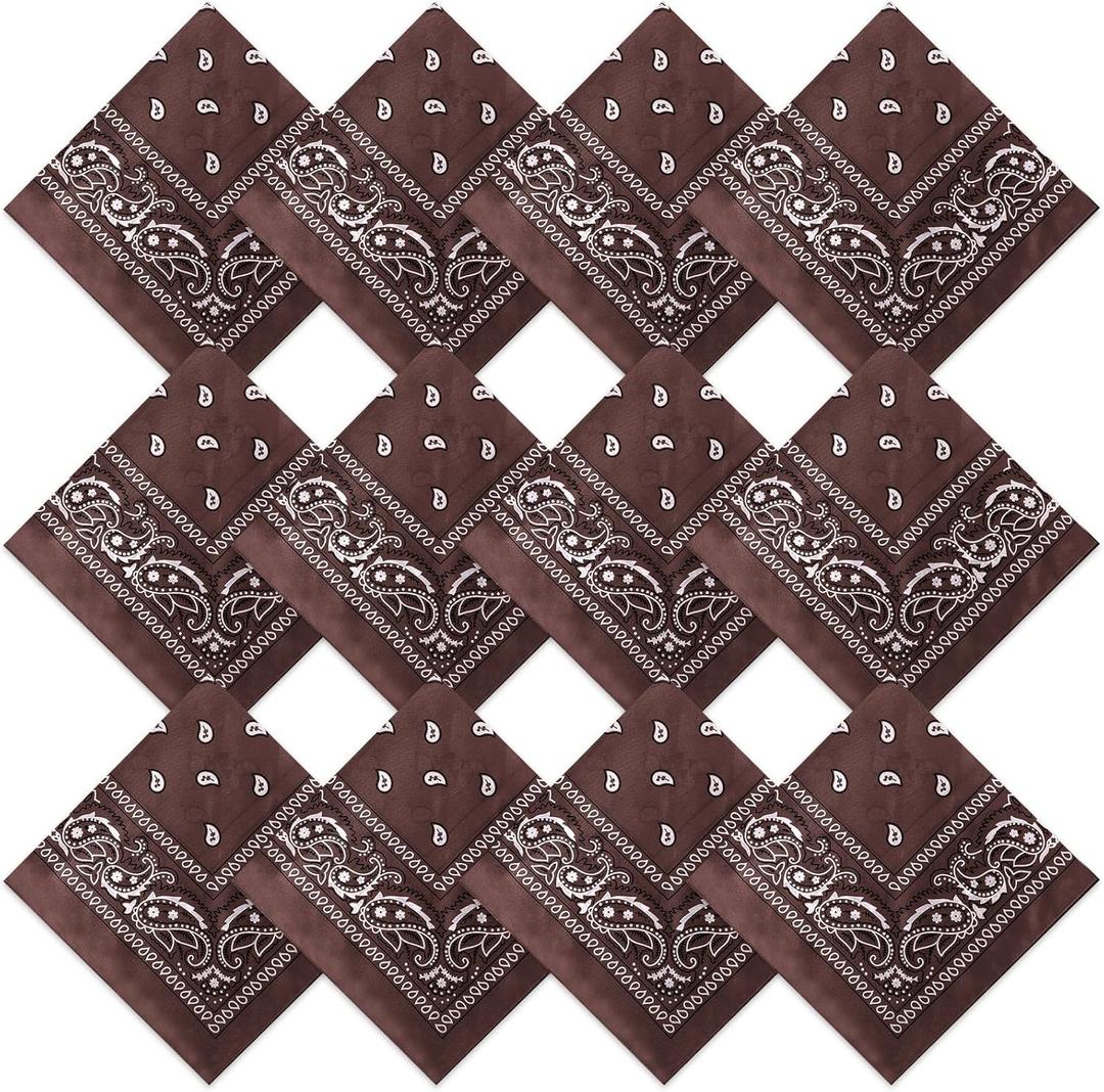 Suhine 12 Pcs Bandanas Bulk for Women Men 22 x 22 Inch Paisley Headband Cowboy Handkerchief Summer Beach Party Costume (Coffee)