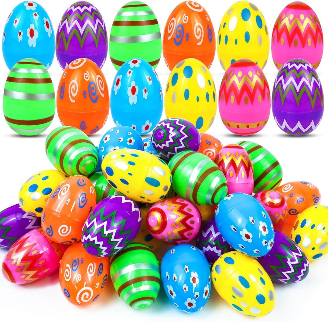 Plastic Easter Eggs Fillable, 36 PCS Printed Bright Easter Eggs Empty, Colorful Eggs for Easter Gifts Party Favors Eggs Hunt, Easter Basket Stuffers, Plastic Eggs Bulk