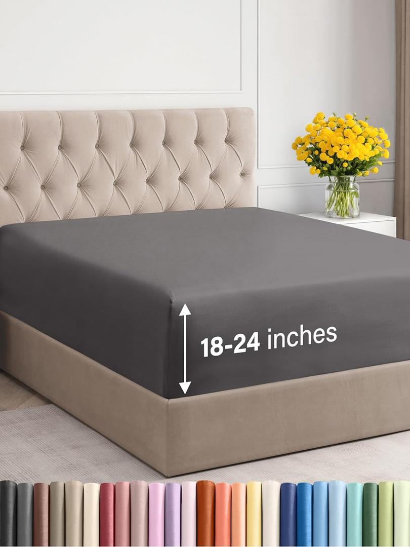 Extra Deep Full Fitted Sheet - Hotel Luxury Single Fitted Sheet Only - Easily Fits 18 inch to 24 inch Mattress - Ultra Soft, Wrinkle & Fade Free w/Extra Deep Pockets - Breathable & Comfy - Dark Grey (07 - Dark Grey)