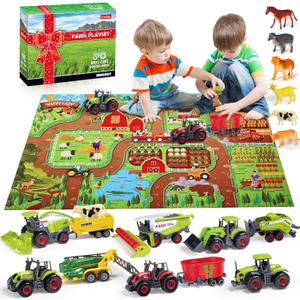 Oriate Farm Tractor Toys Vehicle with Animals & Activity Play Mat, 38Pcs Educational Realistic Kid's DIY Diecast Set, Kids Tractors Trailer Sprayer Cow Animal Toy Birthday Gift