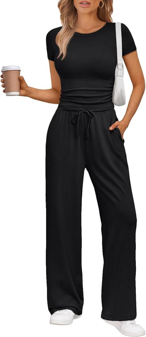 Trendy Queen 2 Piece Matching Summer Sweatsuit Lounge Set Womens Wide Leg Pants Side Ruching Crop Top Sets (Small, Black)