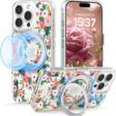 for iPhone 16 Pro Max Case with MagSafe Stand Ring for Women, Cute Spring Floral Design with 360 Kickstand Holder Magnetic Shock Proof Heavy-Duty Protection Pink Flower