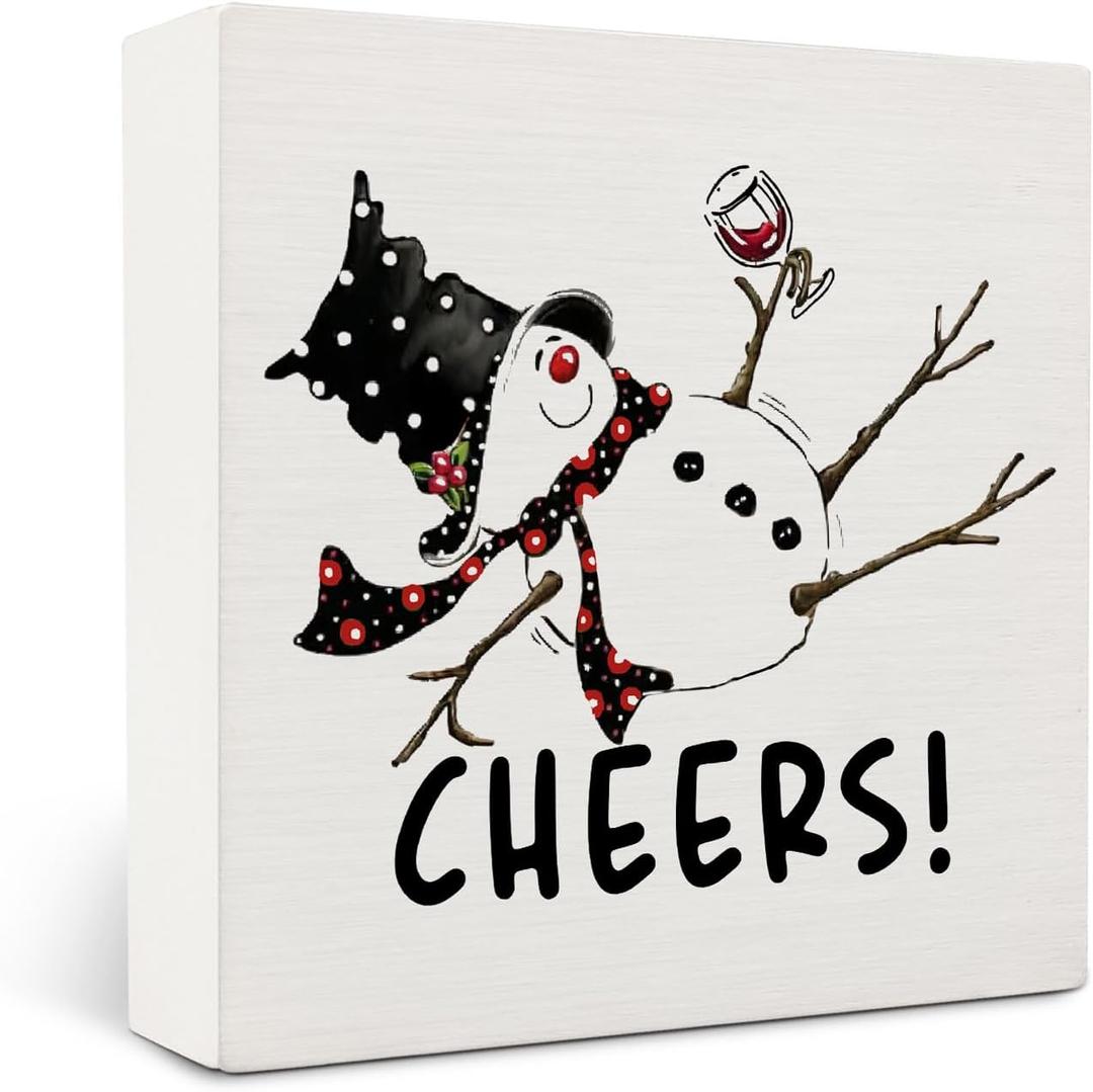 Funny Winter Christmas Snowman Wine Wooden Box Sign Desk Decor, Christmas Bar Decor, Cheers Snowman Xmas Wood Block Sign for Bar Pub Home Desk Table Shelf Wall Decorations, 5x5 Inch