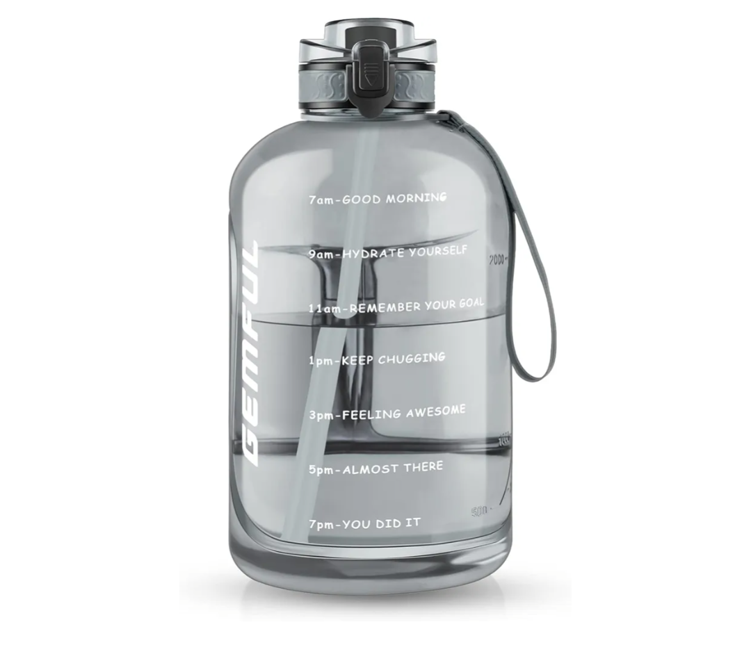 GEMFUL 3 Liter Water Bottle with Straw Time Marker Large 101oz BPA-Free Leakproof Jug for Gym Sports Hiking Motivational Tracking for Men Women (Grey with Removable Straw)