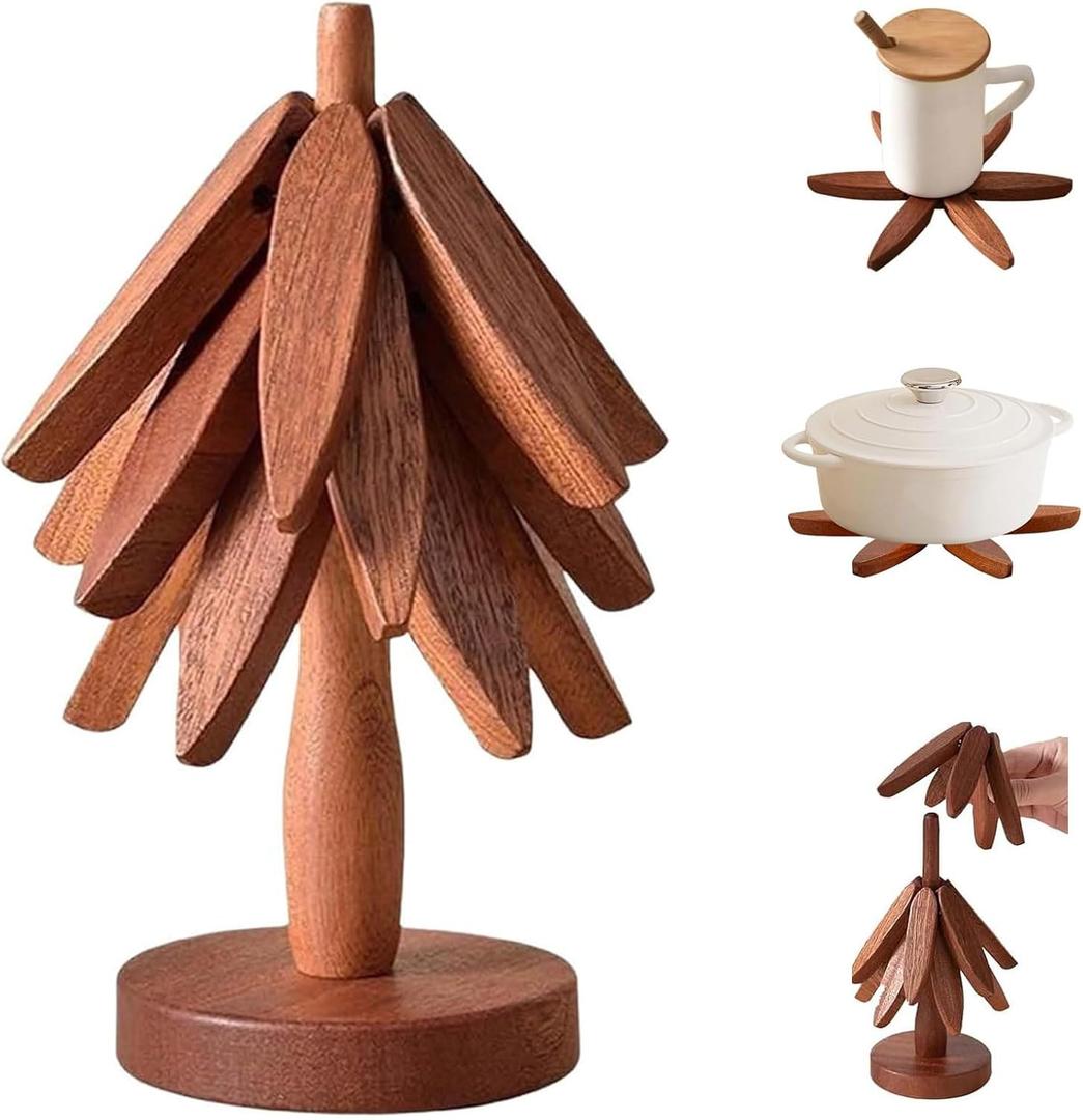 Premium Wooden Trivets Set of 3 - Auto Unfold Tree Design Hot Pot Holders & Countertop Protectors | Walnut Wood
