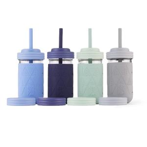 Elk and Friends Kids + Toddler Glass Cups | The Original 12oz Glass Mason Jar with Sleeves + Lids | Silicone Straws + Stopper | Smoothie Cup | Food Storage | Spill Resistant | Dishwasher Safe | 4 Pack