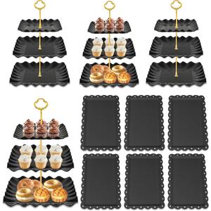 10 Pack Dessert Table Display Set - 4 x Three-Tier Square Cupcake Stands and 6 x Serving Trays, Elegant Tableware for Cakes, Cupcakes, Pastries, and Snacks, Perfect for Parties (Black)