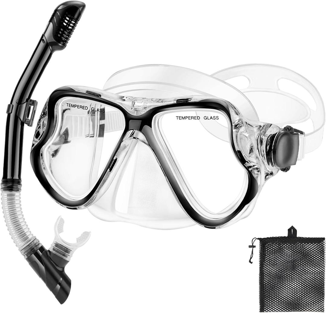 Snorkeling Gear for Kids Adults, Dry Snorkeling Set, Panoramic Anti-Leak and Anti-Fog Tempered Glass Lens, Adjustable Strap Snorkel Set with Mesh Bag Ear Plug for