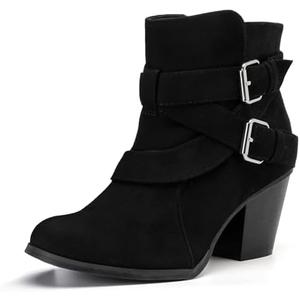 Women's Extra Wide Width Ankle Boots. Mid Heel, Side Zipper, Winter Booties, Adjustable Buckle (Size 8W)