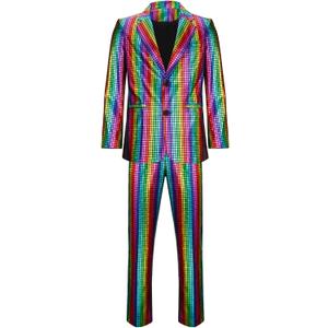 Mens 2 Pieces Disco Costume Jacket Pants Outfit Set Adult 70s Shiny Metallic Sequin Halloween Cosplay Party Suit (Small, Rainbow)