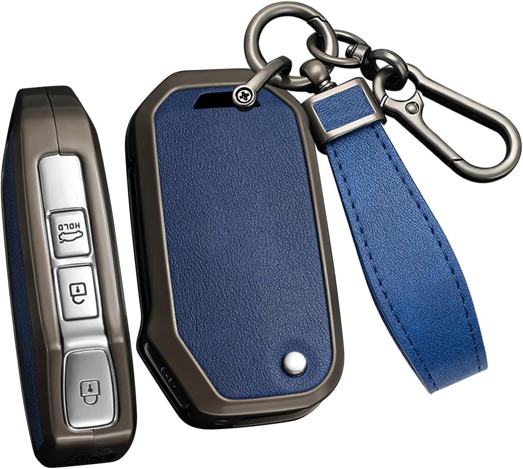 ontto Key Holder Fit for Kia Key Fob Flip Key 2019-2025,Metal Frame Key Case Leather Key Protector,Solid Key Glove for Seltos Forte Sportage Seltos K5 Soul Sorento Cerato Telluride NIRO,Blue