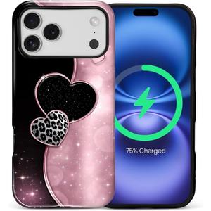 Case Compatible with iPhone 17 Pro Max [Compatible with MagSafe] Hybrid 2-Layer Hard Shell Protection Case, Shockproof Protective Magnetic Cover for 17 Pro Max, Pink Glittering Star Heart
