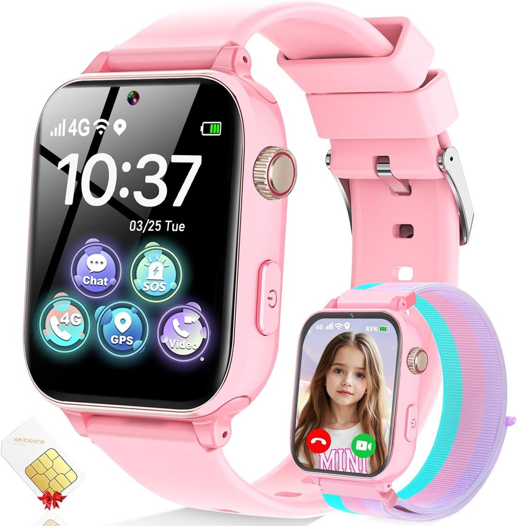 MOKAST 4G Kids Smart Watch for Boys Girls, Kid Watch Phone Ages 4-12 with Call, GPS, SOS, Video Call, Games, Camera, Alarm, Touchscreen Smartwatch for Children Birthday Gift (Includes SIM Card), Pink