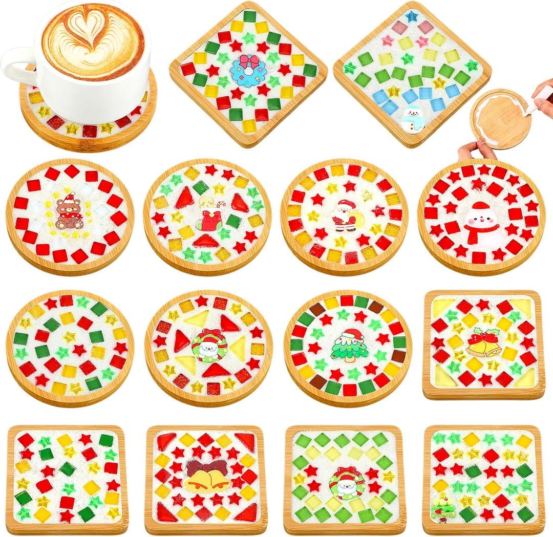 Reallnaive 14 Sets Valentines DIY Mosaic Tiles for Crafts Mixed Color Glass Mosaic Kits Xmas DIY Coasters Kit Make Your Own Stained Glass Coaster for Handmade Holiday Decoration Gift (Stylish Style)