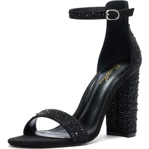 GENSHUO Women's 4-inch Chunky High Heel Sandals with Ankle Strap, Party Wedding Bridal Shoes Sparkly Black Rhinestons Size 7
