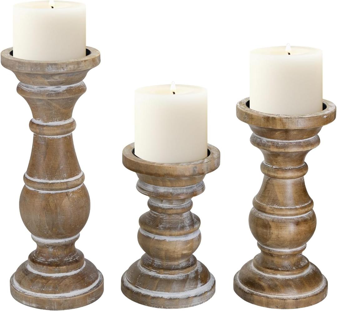 Candle Holder for Pillar Candle Set of 3, Farmhouse Wood Candle Holder, Rustic Wooden Candle Stand, Vintage Small Wooden Candlestick HoldersDecorative for Living Room, Table Centerpiece (Rusticbrown)