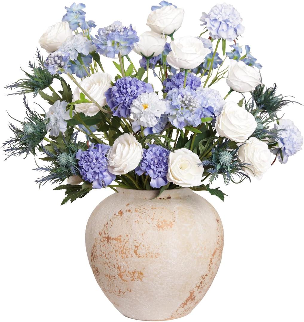 Blue and White Artificial Flowers Arrangement, Lifelike Faux Fake Roses & Scabiosa Bouquet Centerpiece for Home, Coastal Farmhouse Decor & Wedding