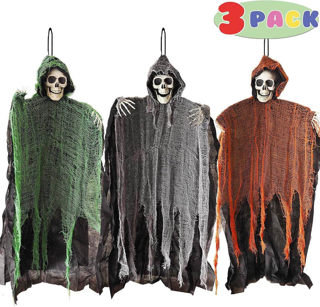 3 Pack Halloween Hanging Skeleton Ghost Decorations, 36" Scary Grim Reaper for Outdoor & Indoor Decor, Haunted House Party Supplies, Spooky Yard Halloween Decoration, House Props