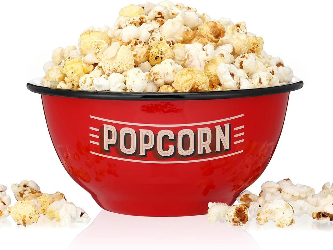 Maxdot Red Popcorn Bowl Enamelware Popcorn Bowl 1.16 Quart Shatterproof Reusable Serving Bucket Family Serving Container for Movie Night Game Party Favors