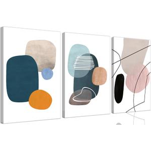 ouiytws Abstract Wall Art Set of 3 Mid Century Modern Geometric Canvas Prints, Minimalist Teal Orange Beige Artwork for Living Room, Bedroom, Office, Bathroom Wall DcorFrame 16x24in