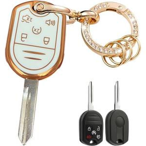 for Ford Key Fob Cover Keyless Entry Systems Key Shell with Keychain Fit for Ford F-150/F150 F-250 F-350 Super Duty Explorer Expedition Lincoln Mercury MHz (White-Gold, 5 Buttons)