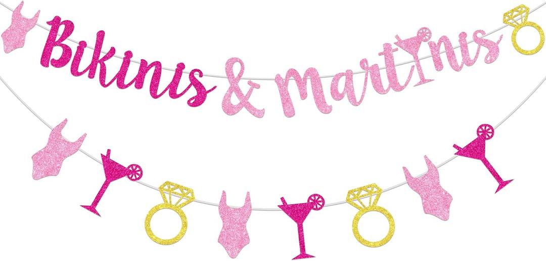 2 x JOYMEMO Bikinis and Martinis Banner with Bachelorette Garland, Hot Pink Bikinis and Martinis Decorations, Summer Bachelorette Party Decor, Engagement Party Supplies