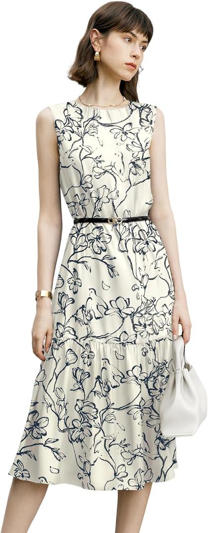 Women's Sleeveless Midi Dress with Vintage Floral Print, Round Neck, Back Button Closure, Soft Polyester Fabric (Large)