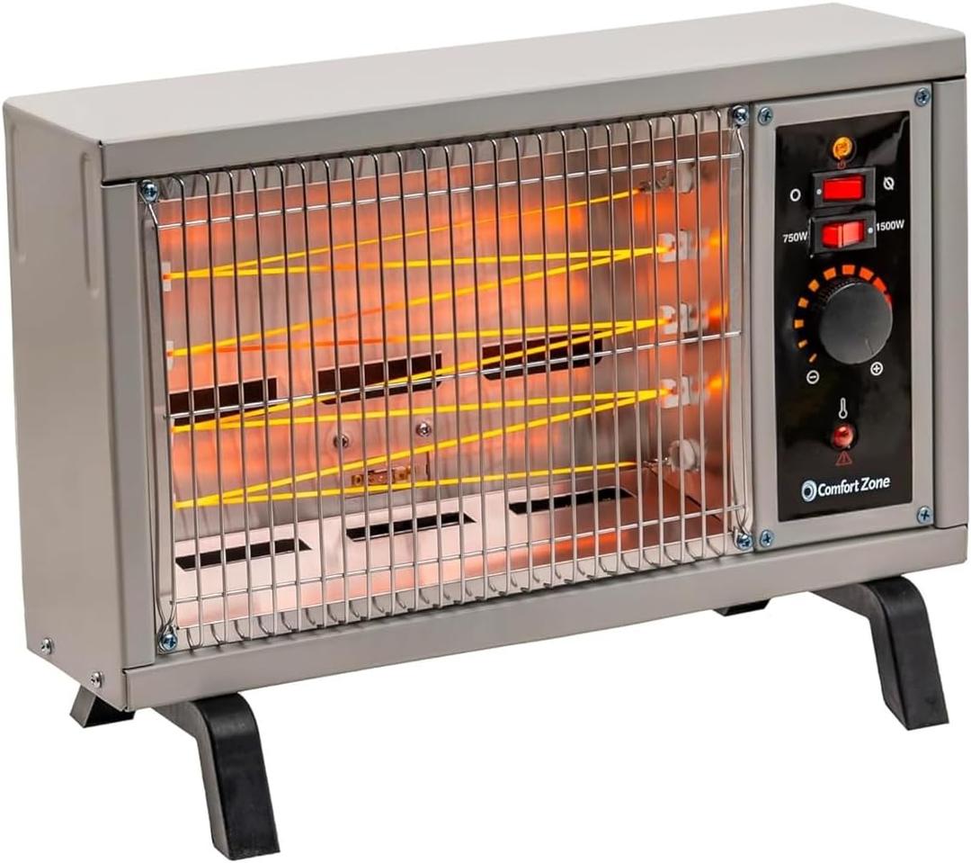 Comfort Zone Portable Indoor Radiant Space Heater, 1500 watts, Adjustable Thermostat, All Metal Body, Wire Element, Overheat Protection, Radiant Heat, Ideal for Home, Garage, or Workshop, White