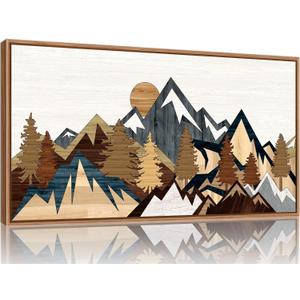 SIGNINART Vintage Mountain Framed Canvas Wall Art, Boho Sunrise Art Prints, Forest Nature Wilderness Art Paintings, Modern Farmhouse Woodcut Style Wall Decor for Living Room Bedroom, Office 20"x40"