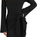 dowerme Women's Casual Mini Dress 2025 Bell Long Sleeve Boat Neck Tie Waist Bodycon Dresses Knitted Party Fall Outfits(Black, X-Large)