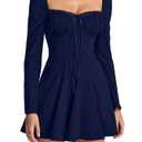 EYNMIN Long Sleeve Mini Dress Lace Sweetheart Neckline Flowy A Line Short Going Out Dresses for Women Navy (Blue)