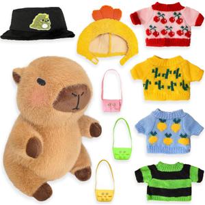 Capybara Plush with 9 pcs Clothes & Accessories, 10.2 in Cute Capybara Stuffed Animal Plush Toys, Dress Up Cute Plushies for Girls/Boys (Brown)