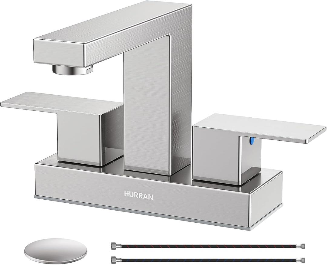 Bathroom Sink Faucet, Hurran 4 inch Brushed Nickel Bathroom Faucets for Sink 3 Hole with Pop-up Drain and Supply Lines, Stainless Steel 2-Handle Lead-Free Faucet for Vanity RV Restroom