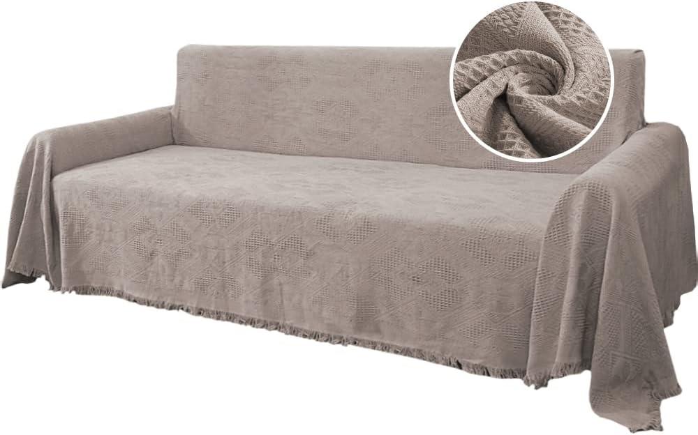 H.VERSAILTEX Cotton Sofa Covers Couch Cover Sofa Slipcover for Most Shape Sofas, Feature Thick Woven Jacquard Seamless with Tassels, Multi-Use Decorative for Couch (XX-Large: 91" x 134", Sand)