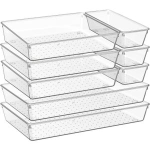 Criusia 8 Pack Drawer Organizer for Kitchen Gadgets, Large Clear Plastic Drawer Divider for Kitchen Accessories, Bathroom Organizers and Storage, Home Essentials for Makeup and Vanity Accessories