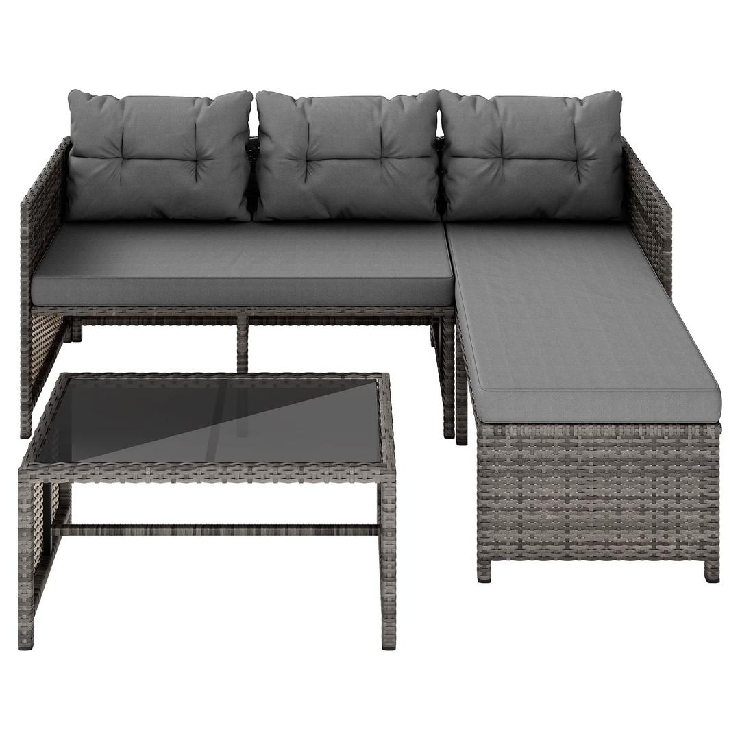 Shintenchi 3-Piece Outdoor Patio Furniture Sets, Wicker Patio Conversation Sets, All Weather Wicker Rattan Patio Seating Sofas with Glass Coffee Table and Cushion, Gray
