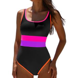 popvil Women's One Piece Swimsuits 2025 Tummy Control -Slimming Bathing Suit Neon 1 Piece Beach Outfit Sexy Sport Swim Suits (Large, Black Purple)