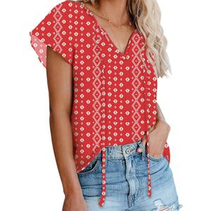 Dokotoo Women's Casual Boho Floral Printed V Neck Tops Drawstring Short Long Sleeve T Shirt Blouses, L (L)