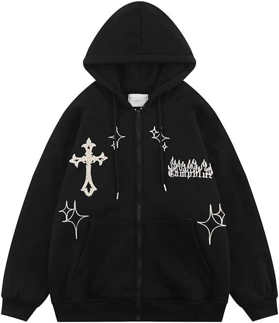 Gothic Embroidery Hoodies Women Retro Harajuku Hip Hop Jacket Zip Up Hoodie Loose Sweatshirt Clothes Y2K Tops (Black, M)