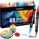 48 Colors Acrylic Paint Markers, Dual Tip with Fine Tip and Brush Tip Pens for Stone, Wood, Calligraphy, Canvas, Ceramic, Metal, Glass, Rock Painting, DIY Crafts