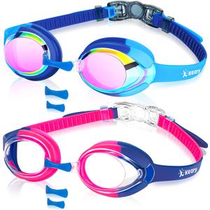 Keary Kids Swim Goggles for Toddler Kids Youth(3-12),Anti-Fog Waterproof Anti-UV Clear Vision Water Pool Goggles (Mirrored Blue & Clear Pink(2 Pack))
