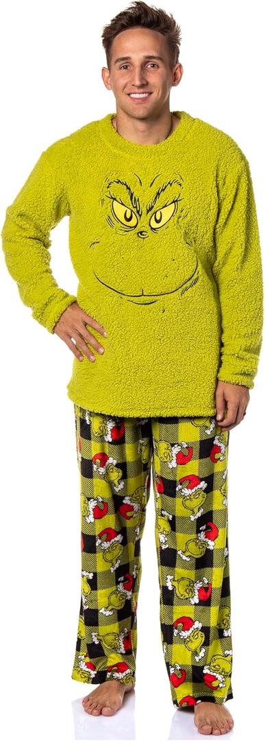 Dr. Seuss GRINCH Santa Plaid Plush Fleece Pajama Sleep Set (Medium, Green)