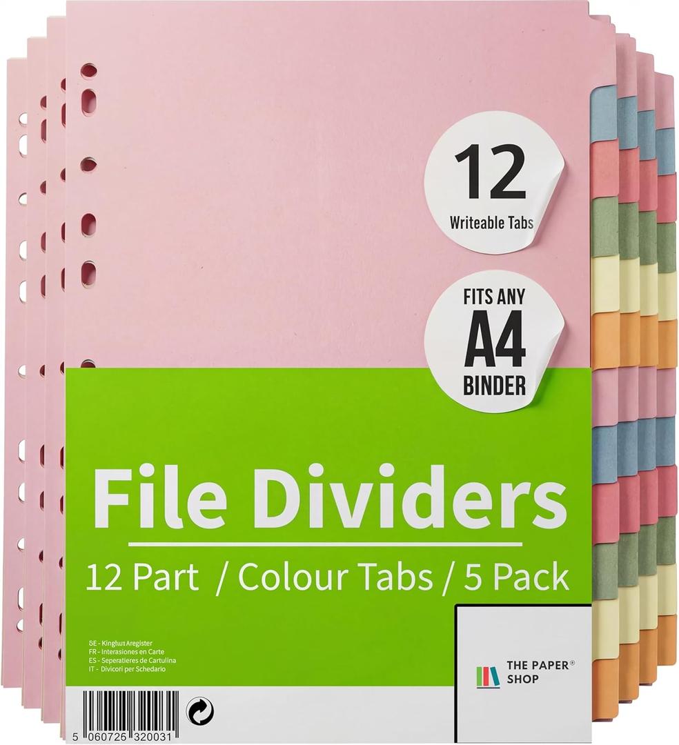 12 Tab Dividers for 3 Ring Binder - Colorful 12 Tab Binder Dividers for Easy Organization - Durable 12 Dividers for Binders (5 Pack)