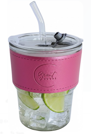 13oz Pink Iced Coffee Cup with Plastic Lid, Vegan Leather Sleeve, Glass Tumbler with Straw and Lid, Matcha Cup, Hot and Cold Drink, Espresso Mug, (1 Count)