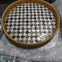Round Rattan Tray with Mother of Pearl Inlay, Decorative Basket with Wooden Base, Woven Tray for Kitchen Island Decor, Table Decor, Storage and Display of Food (Checkerboard, 11.8")